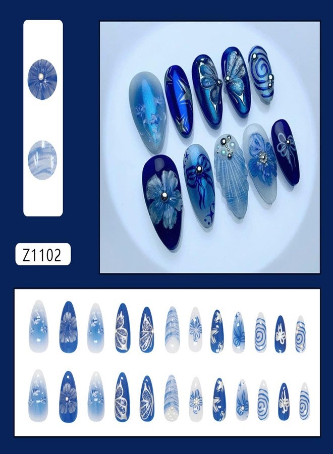 YKZFUI 24Pcs Blue Flowers Press on Nails Medium Almond Fake Nails Blue Deep Sea Butterfly, Pearl Shell Pattern Cute Floral Nail Art False Nails Almond-Shaped Stick on Nails Reusable Artificial Nail for Women - Image 2
